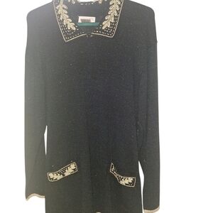 Vintage Black Knit Sweater with Gold Beaded And Pearl Leaf Collar Large